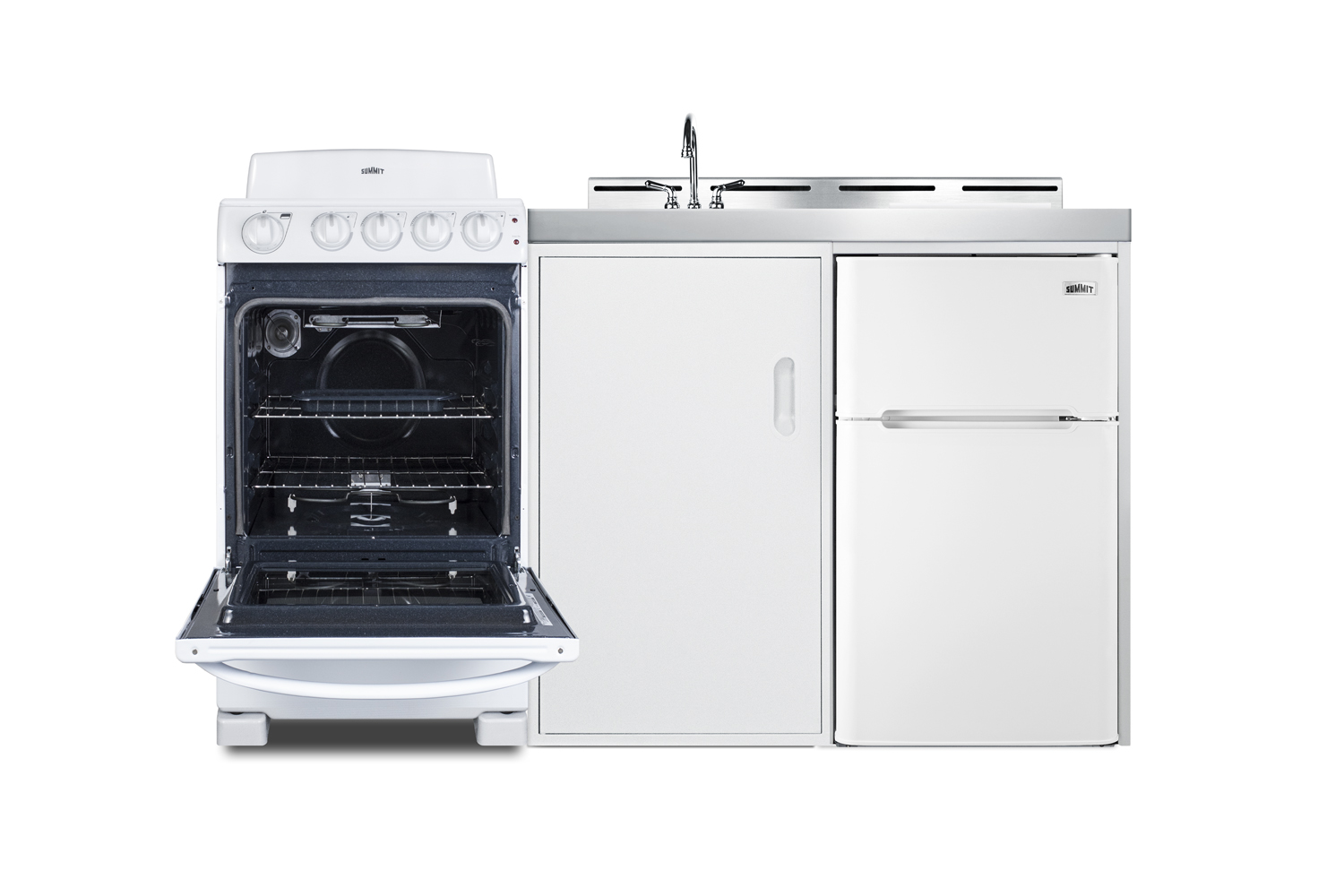 60 inch wide all-in-one kitchenette with 220V 4-element electric coil range, refrigerator-freezer, sink, cutting board and cutlery storage, and a storage cabinet
